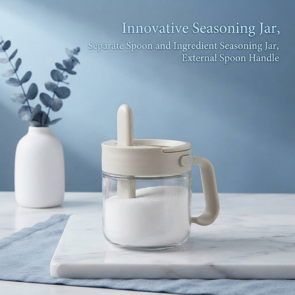 A premium glass spice jar with an integrated spoon lid centered on a blue gradient background.