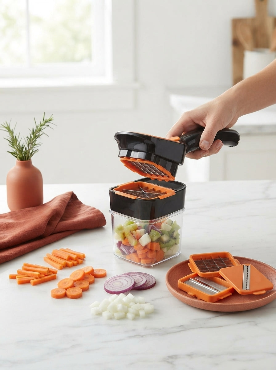 A 5-in-1 vegetable cutter sits on a white marble counter next to sliced vegetables in a modern kitchen with terracotta accent